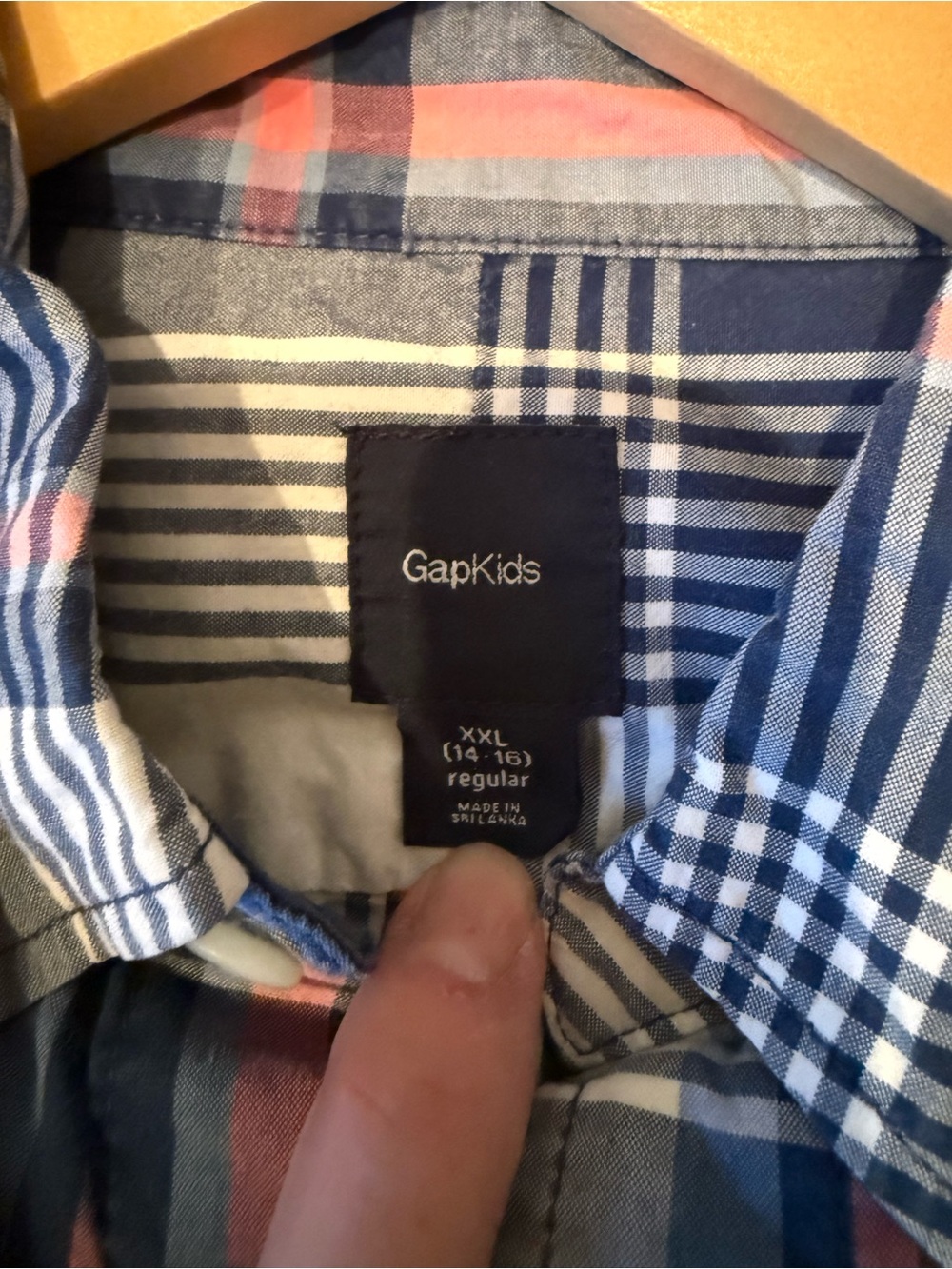 GAP Kids Navy and Light Blue Plaid Button-Down Shirt with Coral Accent